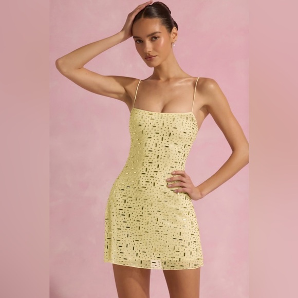 Oh Polly Averie Sheer Embellished Square-Neck Mini Dress - Yellow